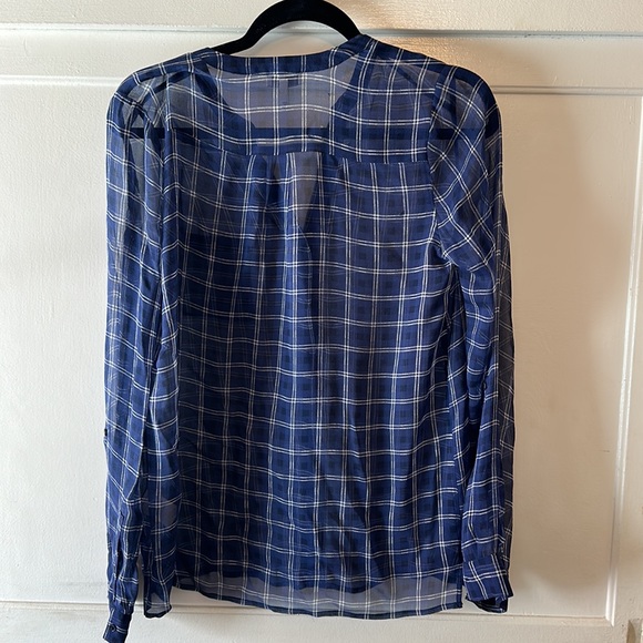 Women’s Blue Silk Joie sheer long sleeve blouse with collarless neck and pocket - Picture 6 of 9